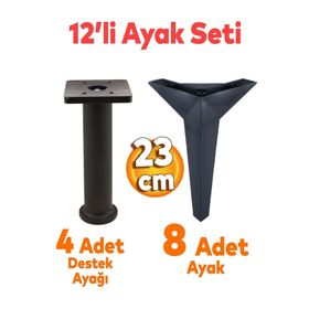 Badem10 Kale Mobilya Ayağı 12'li Set Robot Süpürge İçin Koltuk Kanepe Sehpa Destek 23 cm Siyah Baza Ayak