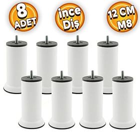 Badem10 M8 Civatalı İnce Diş Beyaz Metal 12 cm 8 Adet Mobilya Baza Metal Kanepe Koltuk Destek Ayağı