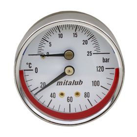 Badem10 Mitalub 63 mm 25 Bar 1/4'' Bağlantı Termometreli Arkadan Çıkışlı Metal Manometre