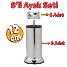 Badem10 Mobilya Kanepe Baza Koltuk Destek Ayağı M8 Civata 12 cm Krom Ayak + 8'li Set Bağlantı Aparatı
