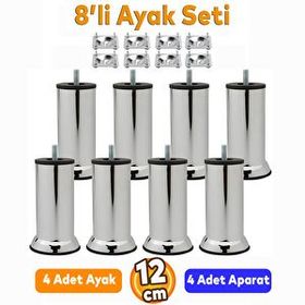 Badem10 Mobilya Kanepe Baza Koltuk Destek Ayağı M8 Civata 12 cm Krom Ayak + 8'li Set Bağlantı Aparatı