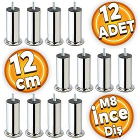 Badem10 Mobilya M8 Civata Ince Diş Krom Ayak 12 cm 12 Adet Kanepe Baza Koltuk Destek Ayağı