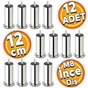 Badem10 Mobilya M8 Civata Ince Diş Krom Ayak 12 cm 12 Adet Kanepe Baza Koltuk Destek Ayağı