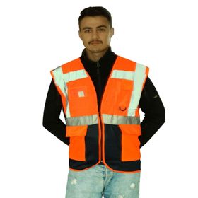 Badem10 Mühendis Tipi Cepli Fosforlu Fermuarlı Turuncu Güvenlik Yelek
