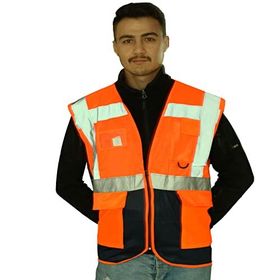 Badem10 Mühendis Tipi Cepli Fosforlu Fermuarlı Turuncu Güvenlik Yelek