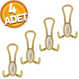 Badem10 Palmira Portmanto Gold Beyaz Desenli 4 Adet Vestiyer Duvar Metal Dolap Elbise Askılığı