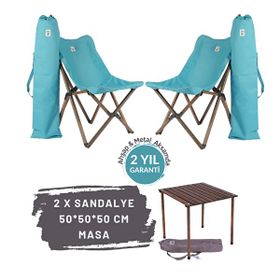 Bag The Joy Antrasit İskelet Turkuaz Kılıf ve 50x50x50 cm Antrasit Masa Ahşap Katlanır Masa Sandalye Seti