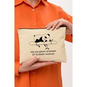 Bagg Clutch Çalışmak İstemem Baskılı Kanvas Makyaj Çantası