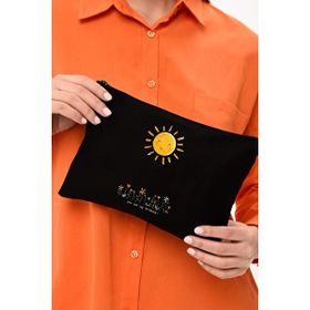 Bagg Clutch Gülümseyen Güneş Siyah Kanvas Makyaj Çantası