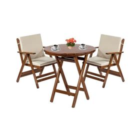 Bahçeme Antalya Ahşap 70 cm Yuvarlak Masa + 2 Minderli Sandalye Katlanır Bahçe Balkon Seti