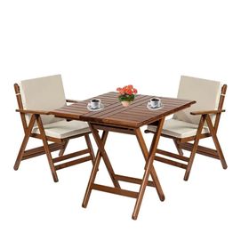 Bahçeme Antalya Ahşap 70x70 Masa + 2 Minderli Sandalye Katlanır Bahçe Balkon Seti