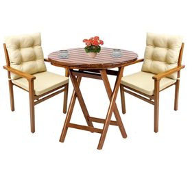 Bahçeme Manavgat Ahşap 90 cm Yuvarlak Katlanır Masa + 2 Minderli Sandalye Takımı Bahçe Mobilya Takımı