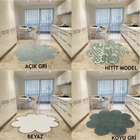 Balat Halı Dekoratif Beyaz Gri Desenli Peluş Papatya Desen Beyaz 150x150 cm Salon Halı