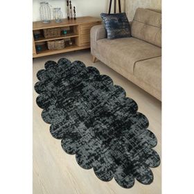 Balat Halı Dekoratif Desenli Koyu Gri Peluş Yumuşak Papatya Halı 120x120