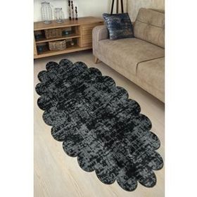 Balat Halı Dekoratif Desenli Koyu Gri Peluş Yumuşak Papatya Halı 120x120
