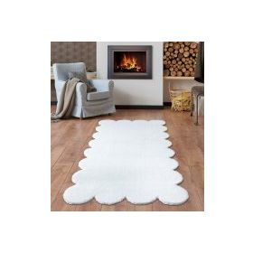 Balat Halı Lazer Kesim Peluş Uzun Tüylü Yolluk Halı Beyaz 100x300
