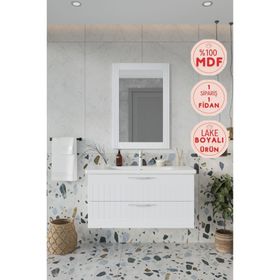 Balneom Erguvan 100 cm Gümüş Kulp Beyaz Ayna Lavabo Banyo Dolabı