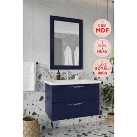 Balneom Erguvan 80 cm Gümüş Kulp Lacivert Lavabolu Üst Aynalı Banyo Dolabı