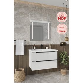 Balneom Kadife Beyaz Parlak Hıgh Gloss 80 cm Banyo Dolabı+Led Işıklı Aynalı Üst Dolap