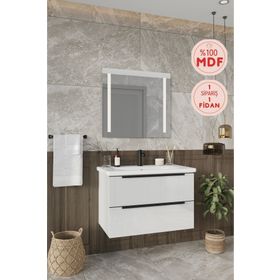 Balneom Kadife Beyaz Parlak Hıgh Gloss 80 cm Banyo Dolabı+Led Işıklı Aynalı Üst Dolap