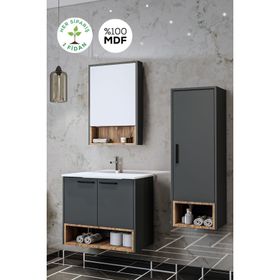 Balneom Karanfil 80 cm Antrasit Lavabolu Aynalı Üst Banyo Boy Dolabı