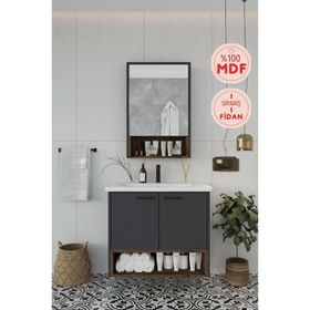 Balneom Karanfil 80 cm Antrasit Lavabolu Aynalı Üst Banyo Dolabı