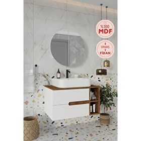 Balneom Koza 80 cm Beyaz Aynalı Üst Dolap Raf ve Lavabo Banyo Dolabı