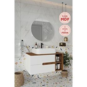 Balneom Koza 90 cm Beyaz Aynalı Üst Raf ve Lavabo Banyo Dolabı