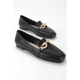 Bambi K01641166211 Siyah Kroko Kadın Loafer Ayakkabı