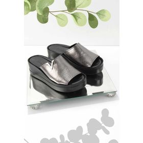 Bambi K04331141103 Platin Kırışık Deri Kadın Terlik