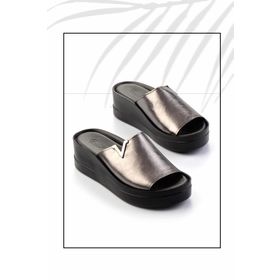 Bambi K04331141103 Platin Kırışık Deri Kadın Terlik