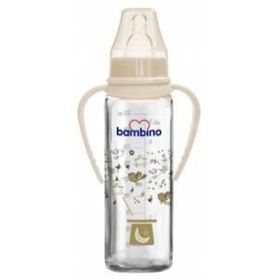 Bambino 250 ml Silikon Kiraz Uçlu Kulplu Cam Biberon