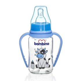 Bambino B015 125 ml Mavi Silikon Kiraz Uçlu Kulplu Cam Biberon
