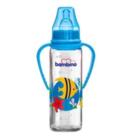 Bambino B016 225 ml Mavi Silikon Kiraz Uçlu Kulplu Cam Biberon
