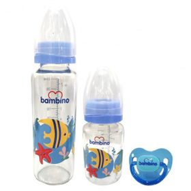 Bambino T099 Şeffaf Mavi 3'lü Cam Biberon ve Emzik Seti