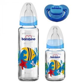 Bambino T099 Şeffaf Mavi 3'lü Cam Biberon ve Emzik Seti