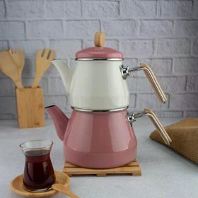 Bambum Lumino Pembe Bambu Kulplu Emaye Çaydanlık Takımı