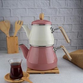Bambum Lumino Pembe Bambu Kulplu Emaye Çaydanlık Takımı