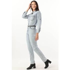 Banny Jeans Açık Mavi Etnik Desenli Kemerli Jean Kadın Tulum
