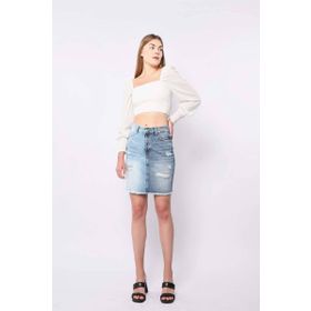 Banny Jeans Kadın Mavi Renk Bloklu Yırtık Jean Etek