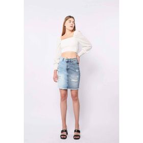 Banny Jeans Kadın Mavi Renk Bloklu Yırtık Jean Etek