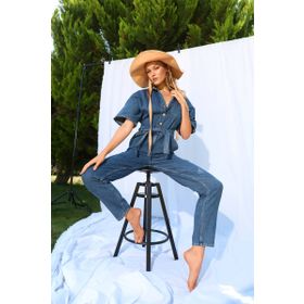 Banny Jeans Koyu Mavi Kadın Yarasa Kol Jean Tulum