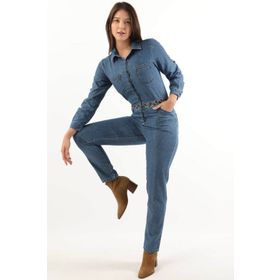 Banny Jeans Mavi Etnik Desen Kemerli Yumuşak Dokulu Jean Kadın Tulum