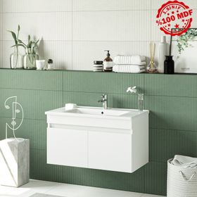 Banos LD3 Ayaksız 2 Kapaklı Lavabolu Beyaz 85 cm Banyo Dolabı