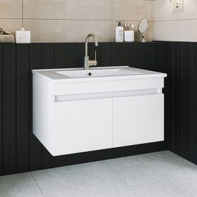 Banos LD3 Ayaksız 2 Kapaklı Lavabolu Beyaz 85 cm Banyo Dolabı