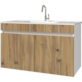 Banos LD3 Ayaksız 2 Kapaklı Lavabolu Ceviz 100 cm Banyo Dolabı