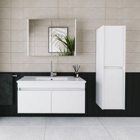 Banos Roomart 2 Kapaklı Lavabolu Beyaz MDF 100 cm Banyo Dolabı + Aynalı Banyo Üst Dolabı + 570x1000x455 cm Banyo Boy Dolabı