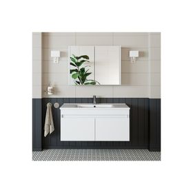 Banos Roomart AL3 Ayaksız 2 Kapaklı Lavabolu Beyaz Mdf 100 cm Banyo Dolabı Aynalı Üst Dolabı