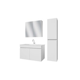 Banos TM3 Ayaksız 2 Kapaklı Lavabolu Beyaz Mdf 100 cm Banyo Dolabı Aynalı Üst Dolap Boy Dolabı