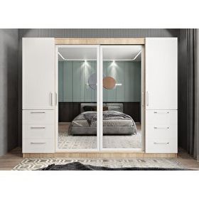 Baramolife GRM7 Mükemmel Sürgülü Çekmeceli Kapaklı Meşe Beyaz 240 cm Gardrop